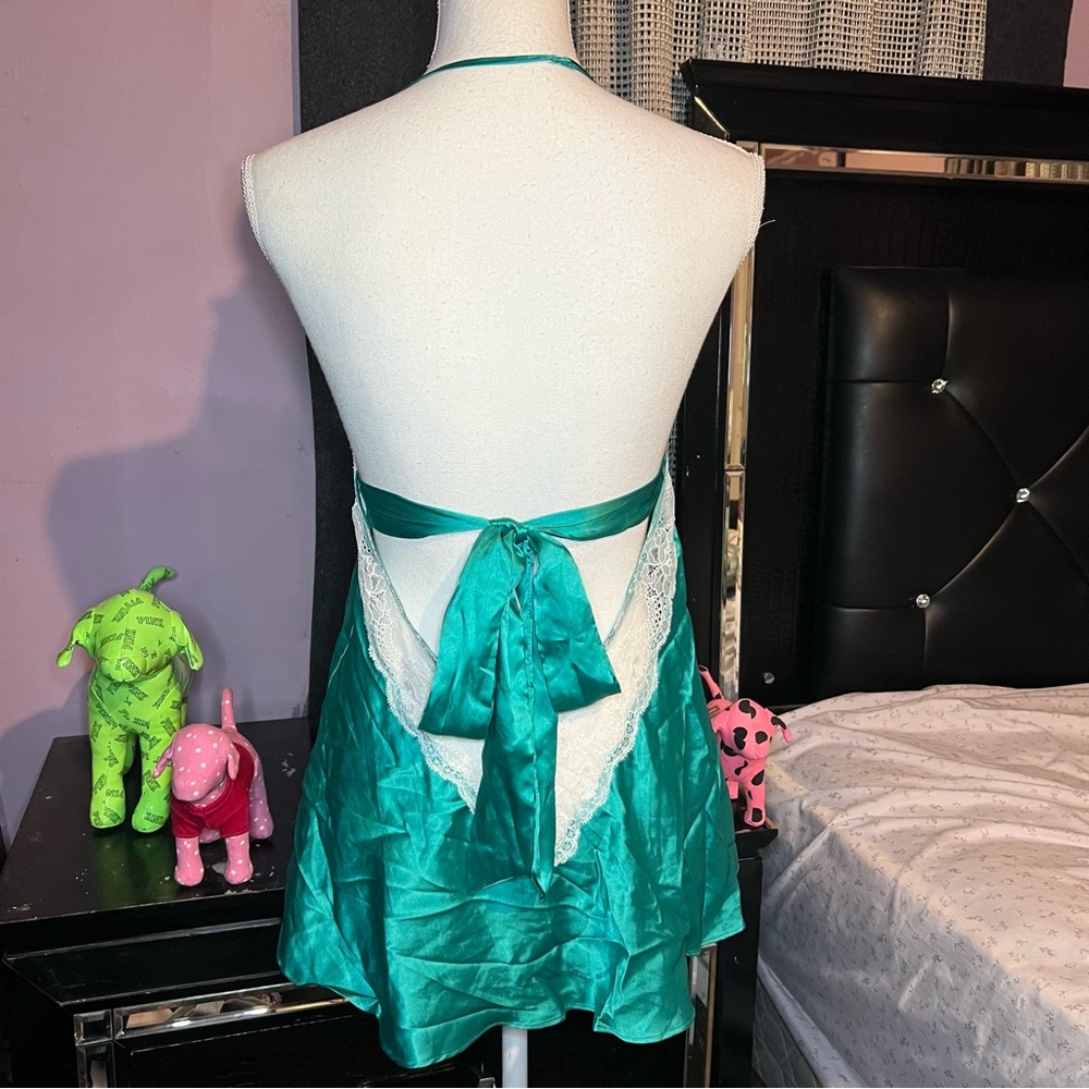Victoria's Secret green and White Satin Chemise with Ruffled Hem